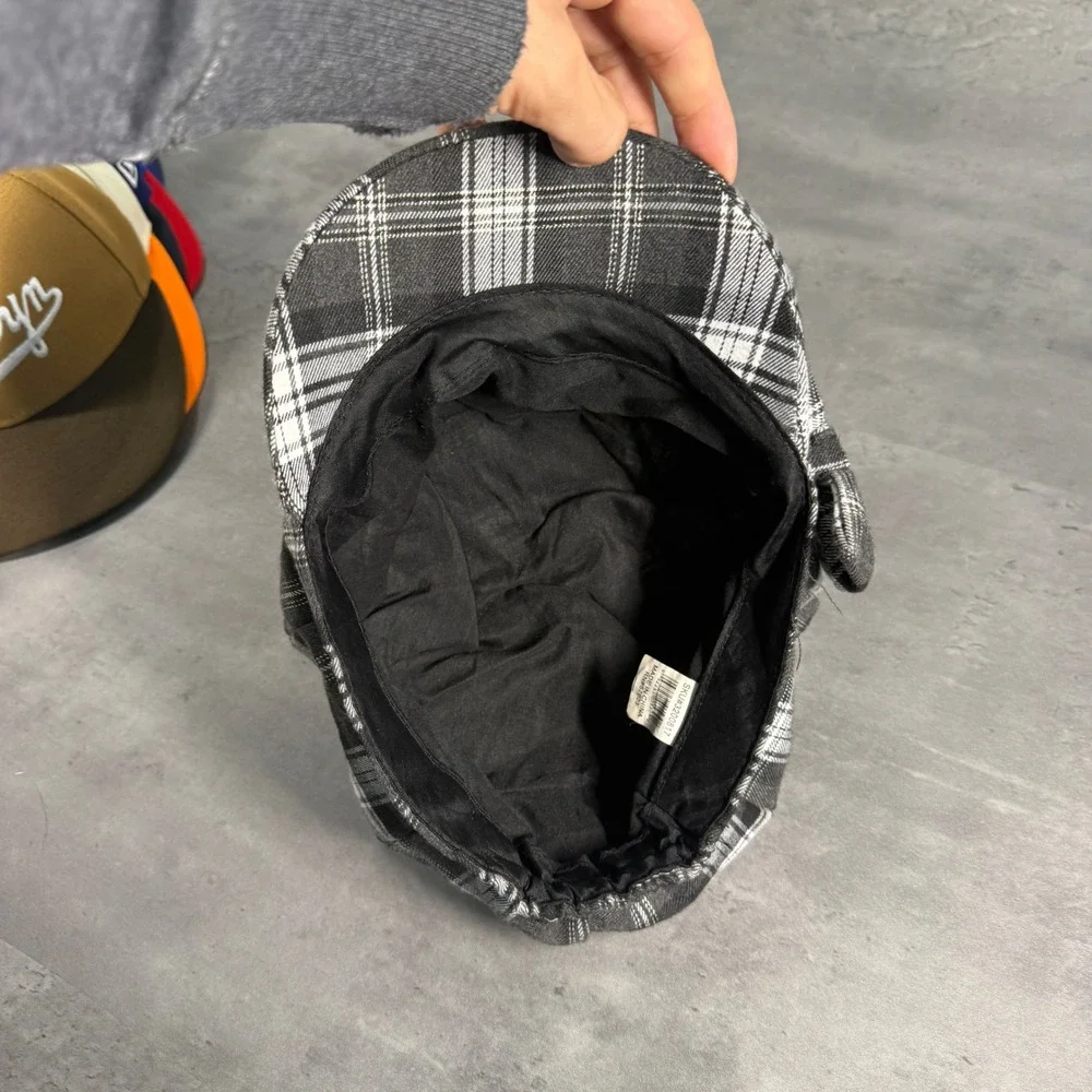 Newsboy Cap Women OS Black White‎ Plaid Bow Baker Boy Cabbie Hat Polo Twee Core